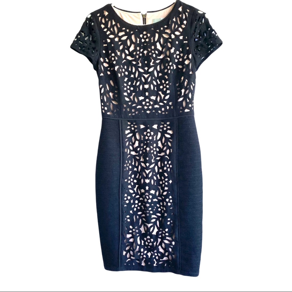 - Anthropologie black and tan lazer cut sheath cocktail dress. Size2